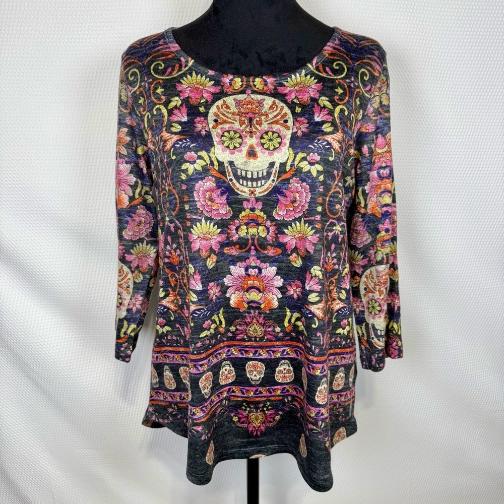 Day of the Dead Floral Skull Long Sleeve Top - Black Size Medium Multicolor